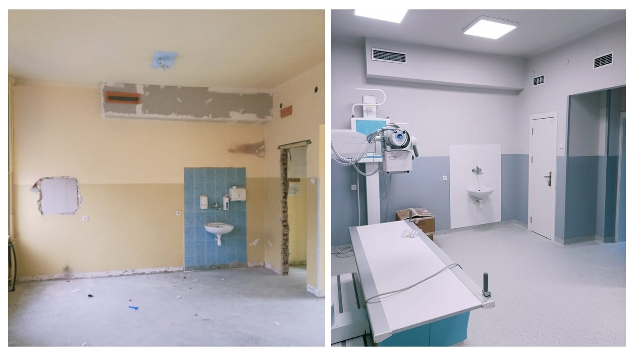 Porównanie stanu pomieszczenia przed i po remoncie: od surowych ścian z odpadającym tynkiem i niebieską glazurą, do odnowionego wnętrza z nową podłogą, świeżym malowaniem w odcieniach bieli...