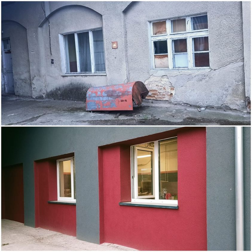 Porównanie stanu przed i po renowacji elewacji: od zniszczonego budynku z odpadającym tynkiem i starą skrzynią na zewnątrz, do odnowionej fasady z nowymi oknami w kolorach szarym i czerwonym.