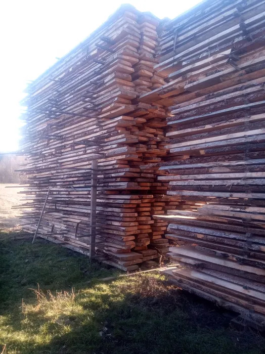 Stos świeżo przetartego drewna ułożonego na zewnątrz, widoczne krawędzie z korą, na trawiastym podłożu.