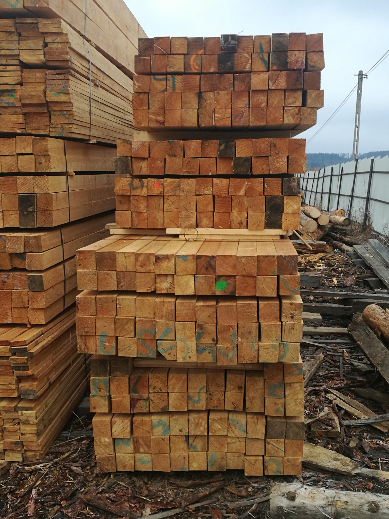 Stosy kwadratowych belek z drewna, oznaczone kolorowymi symbolami, ułożone na zewnątrz, widoczne w tle drzewa i ogrodzenie.