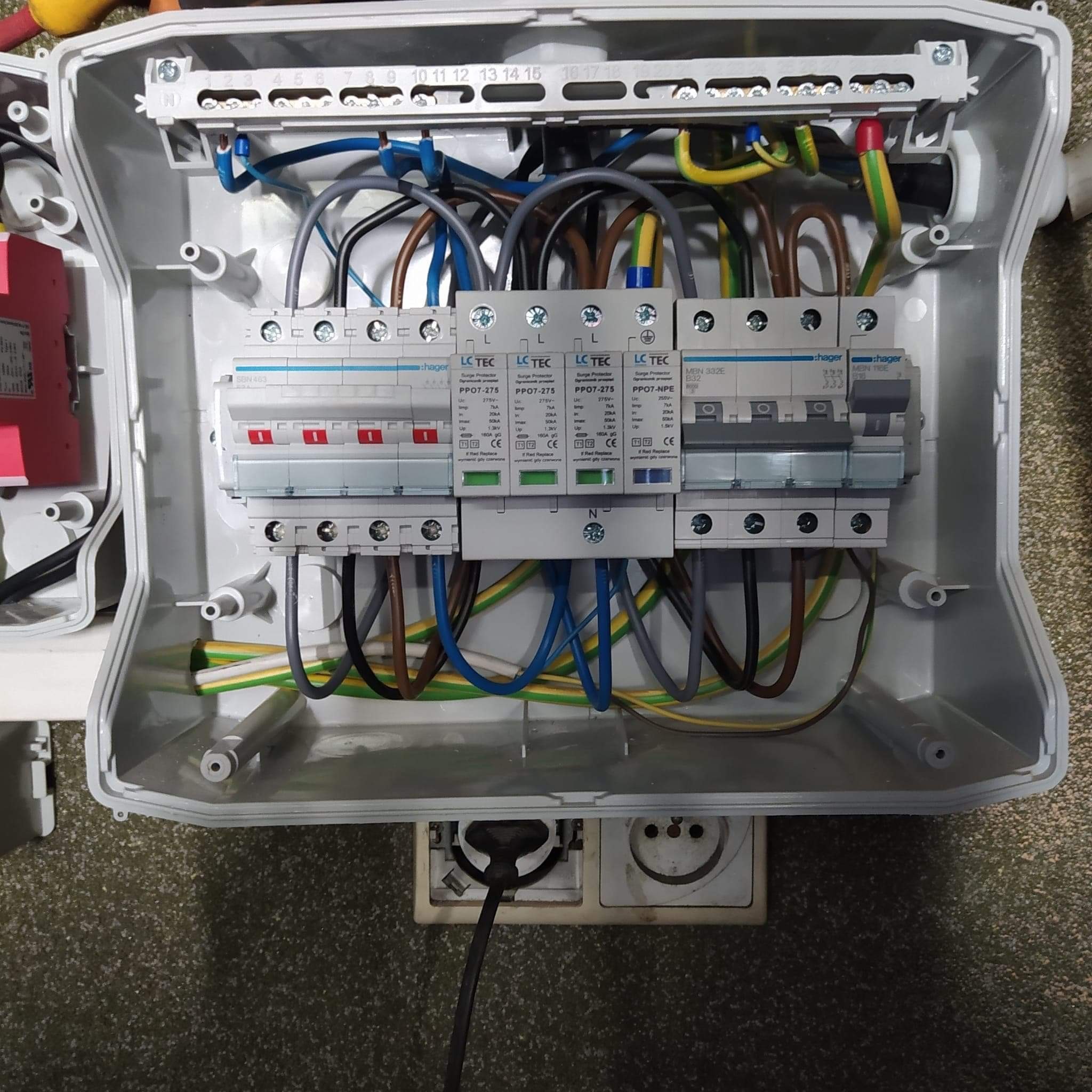 Otwarta skrzynka przyłączeniowa z widocznymi zabezpieczeniami przepięciowymi, bezpiecznikami i uziemieniem, kable w różnych kolorach starannie ułożone, zasilanie podłączone do gniazdka poniżej.
