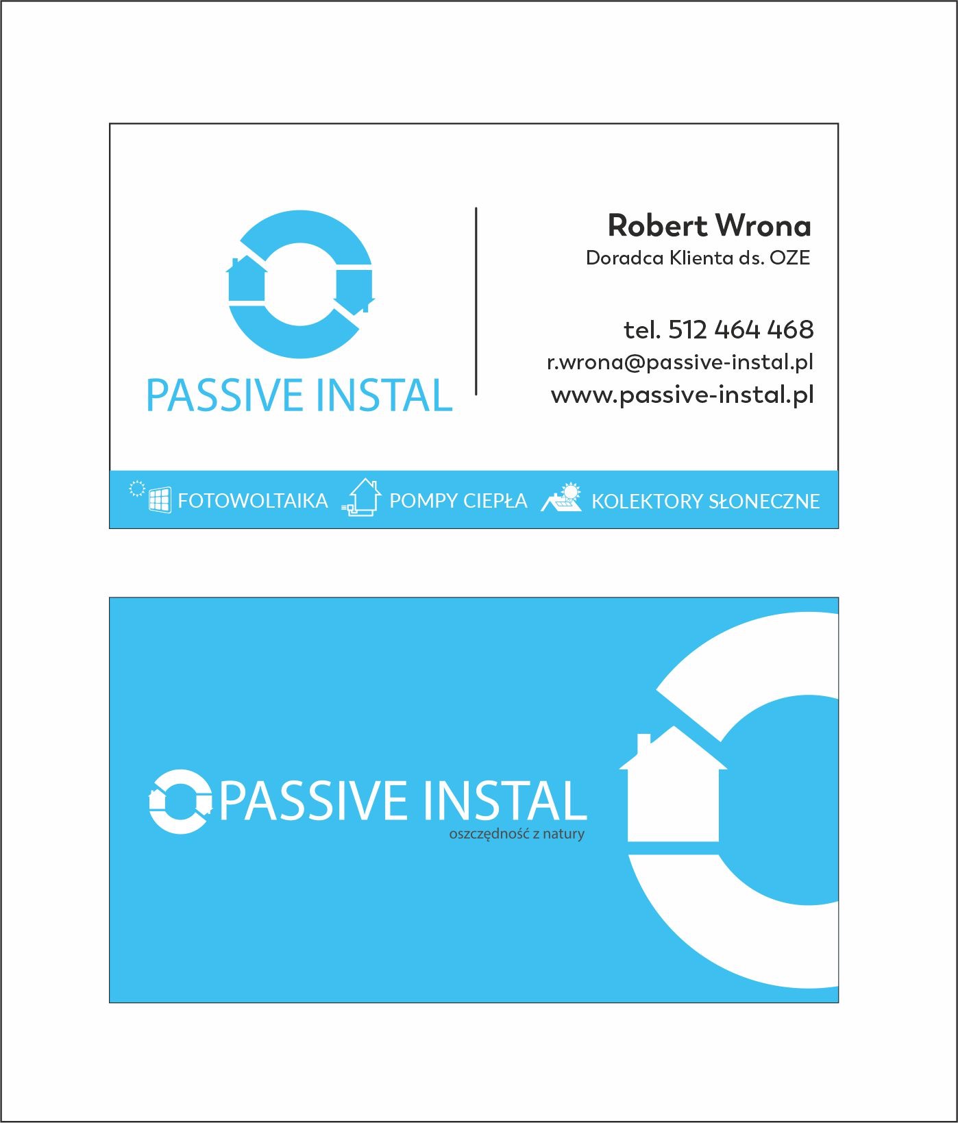 Wizytówka firmy Passive Instal z danymi kontaktowymi Roberta Wrony, doradcy klienta ds. OZE, oraz ikonami fotowoltaiki, pomp ciepła i kolektorów słonecznych.