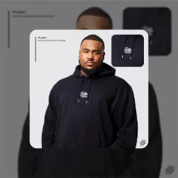 Mężczyzna w czarnej bluzie z kapturem prezentuje logo organizacji motoryzacyjnej, widoczne również w powiększeniu w prawym górnym rogu.