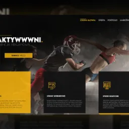 Strona internetowa agencji reklamowej z dynamicznym tłem przedstawiającym sportowców w akcji, sekcje marketingowe i graficzne. Żółte akcenty kolorystyczne na czarnym tle.