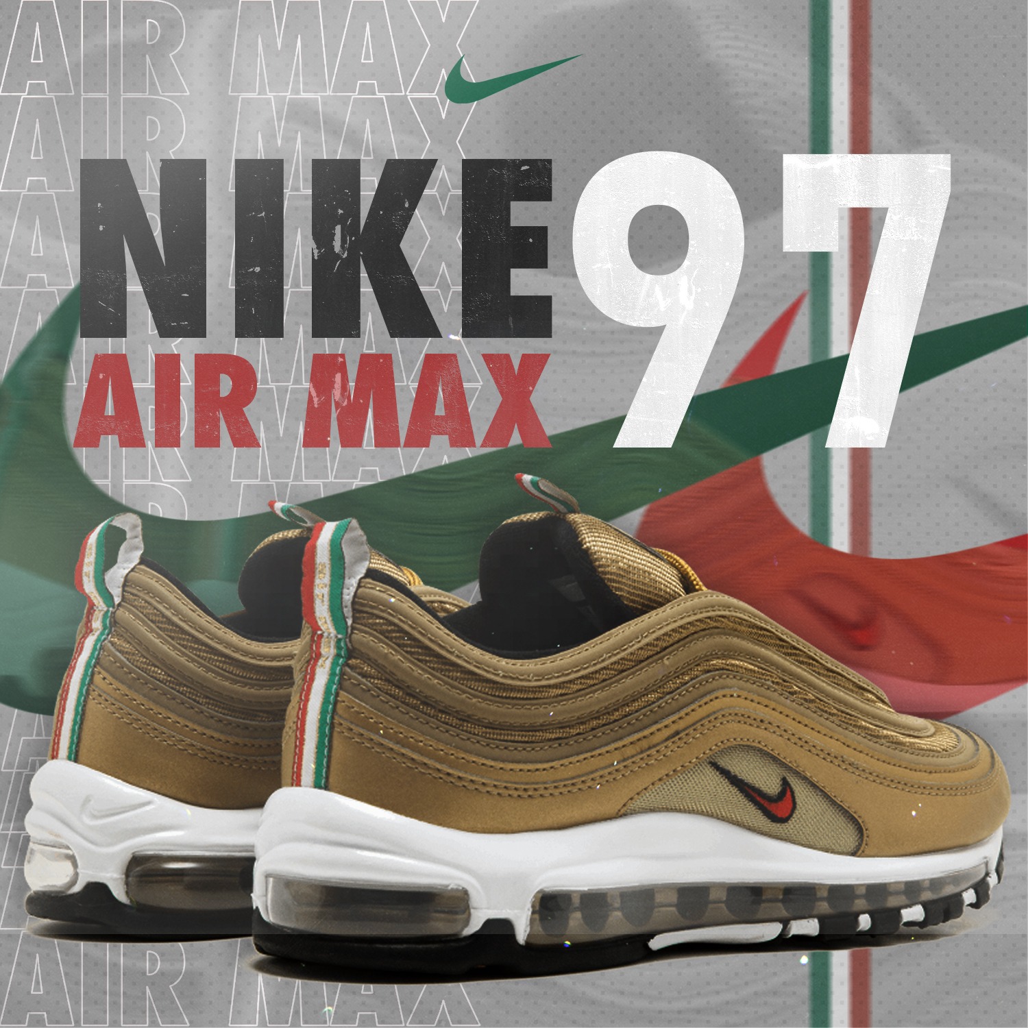 Zdjęcie złotych butów Nike Air Max 97 z detalami w kolorach włoskiej flagi na tle z logotypami Nike i napisem 'Air Max'.