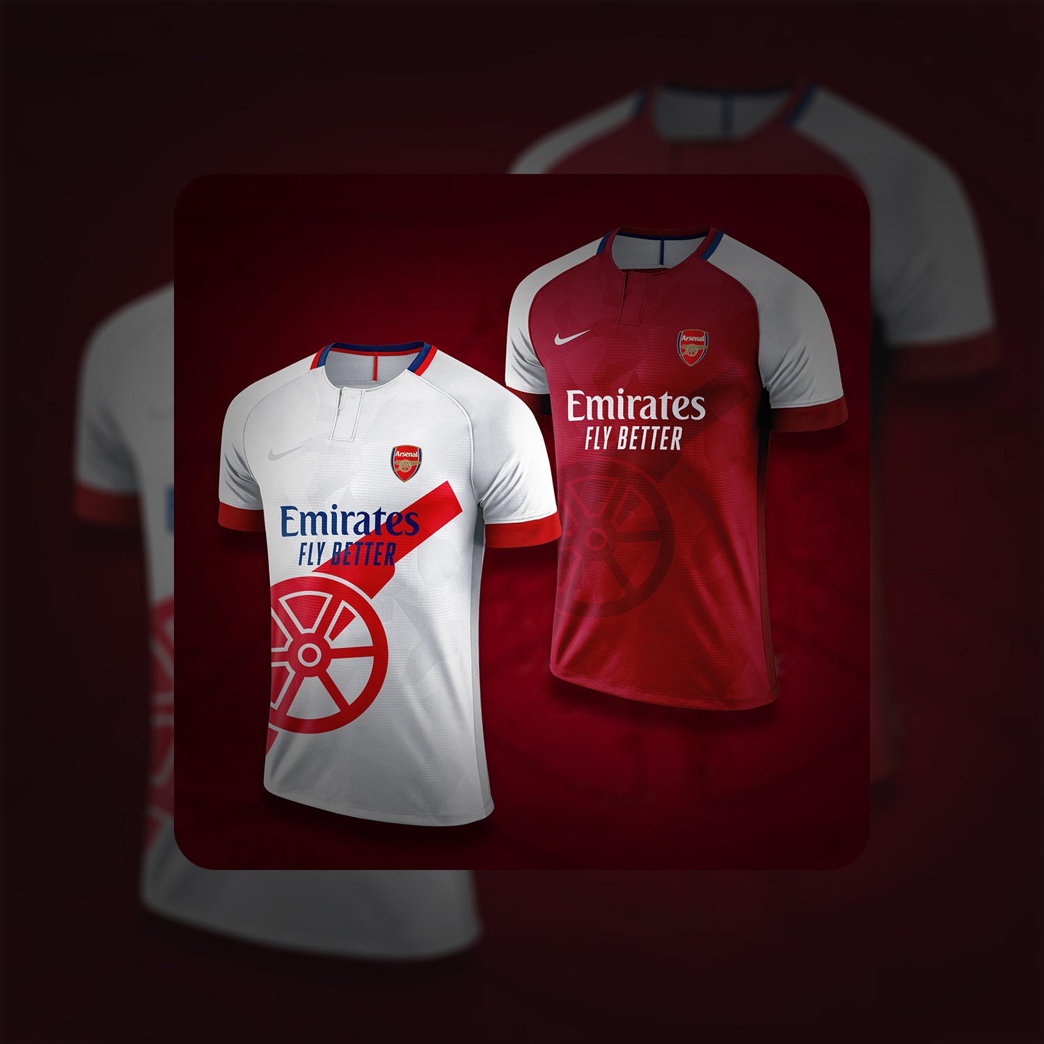 Dwa projekty koszulek sportowych w kolorach białym i bordowym, z logo klubu i sponsora, na ciemnoczerwonym tle.