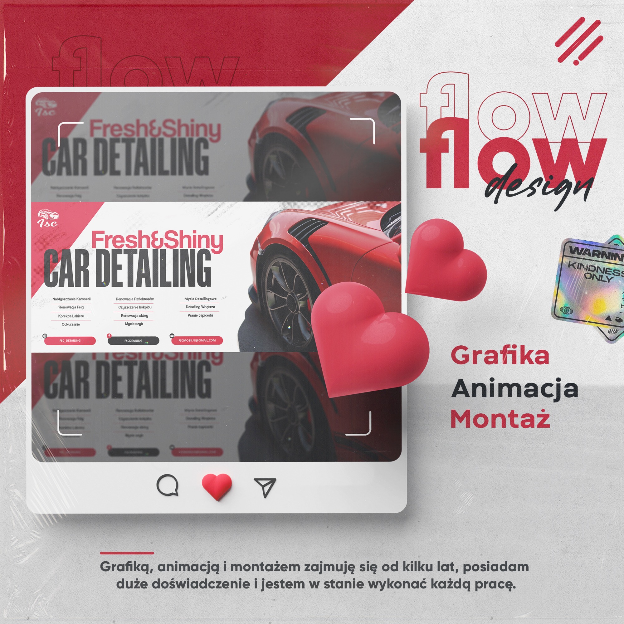 Prezentacja graficzna oferty detailingu samochodowego w stylu Instagram, z użyciem elementów animacji i montażu w czerwonej kolorystyce.