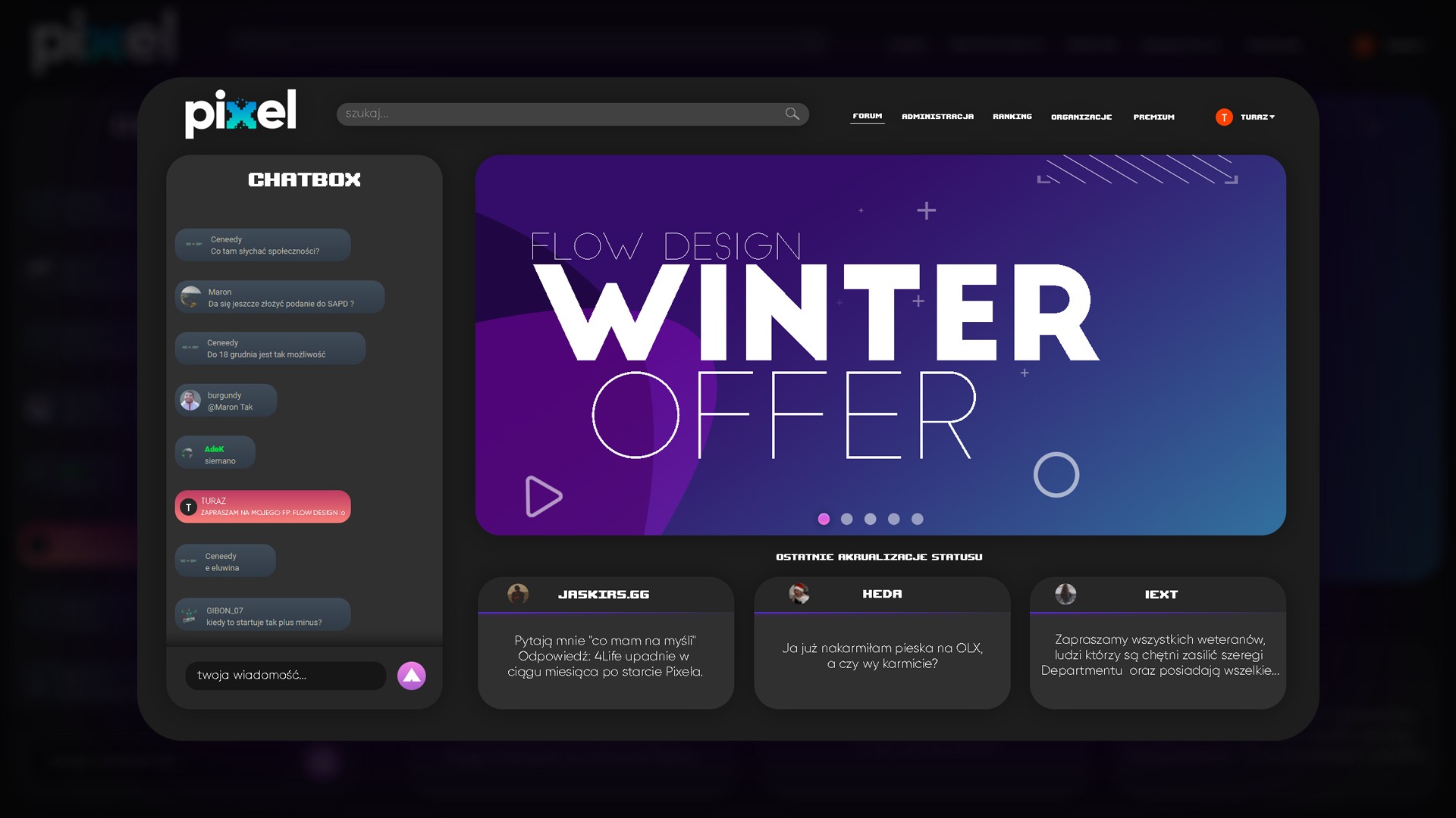 Interfejs strony internetowej z motywem zimowym i ofertą specjalną, wyświetlający czatbox z aktywnymi konwersacjami oraz aktualizacje statusu użytkowników.