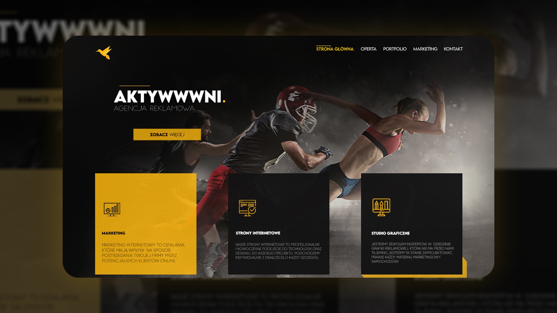 Strona internetowa agencji reklamowej z dynamicznym tłem przedstawiającym sportowców w akcji, sekcje marketingowe i graficzne. Żółte akcenty kolorystyczne na czarnym tle.