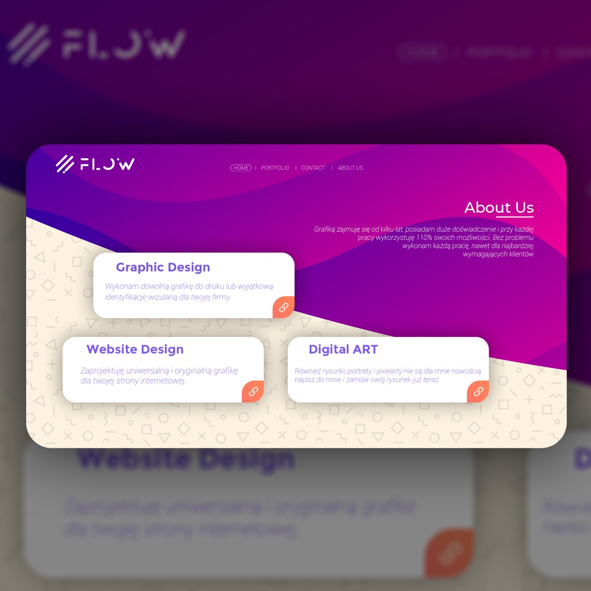 Strona internetowa prezentująca ofertę usług graficznych: projekty graficzne do druku, identyfikacja wizualna, projektowanie stron internetowych, digital art. Fioletowo-biała kolorystyka...