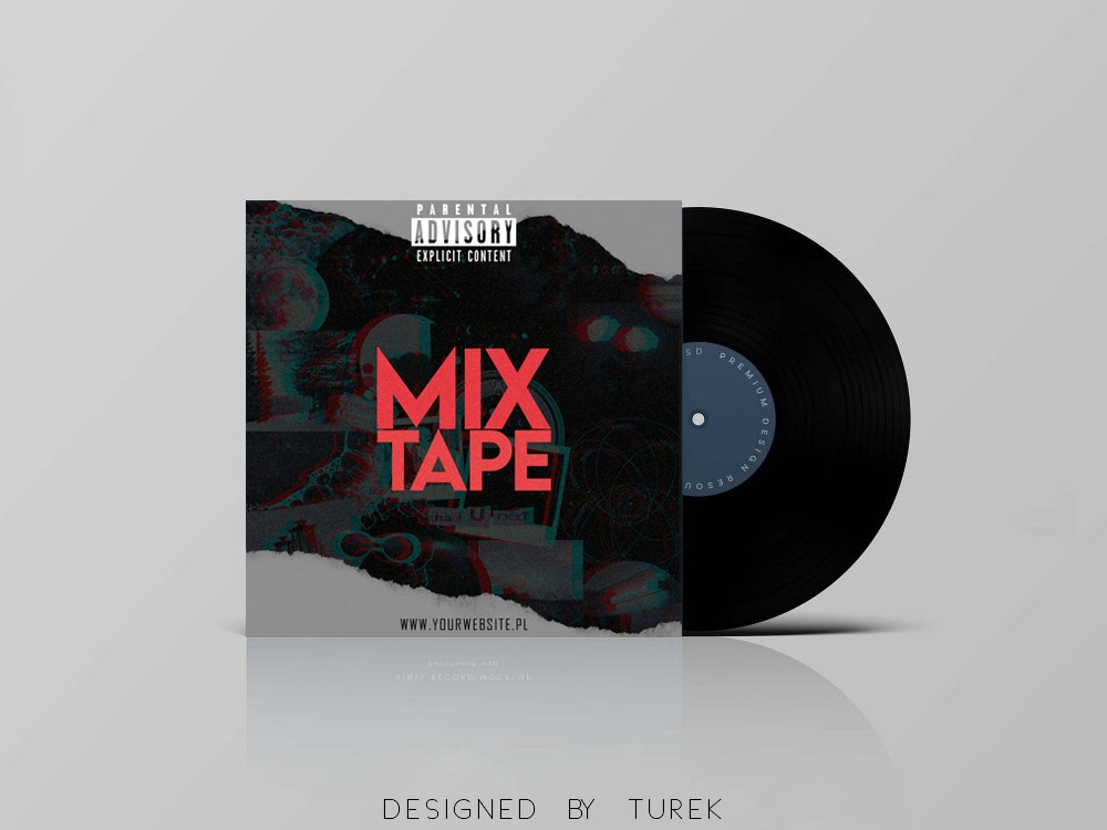 Projekt okładki płyty winylowej z napisem MIX TAPE i ostrzeżeniem Parental Advisory, obok leży czarna płyta winylowa, całość w minimalistycznym stylu.