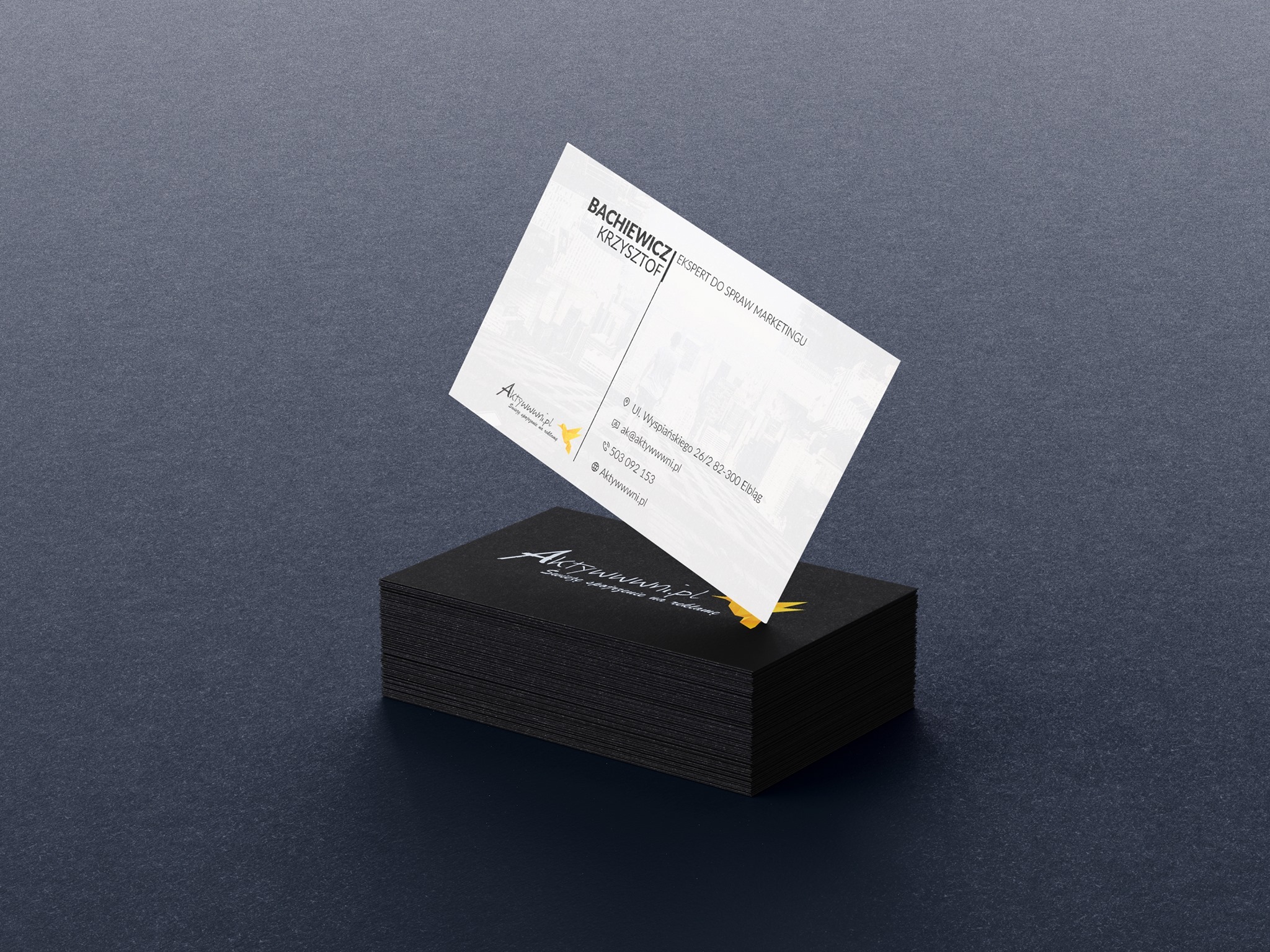 Eleganckie wizytówki: biała wizytówka z danymi kontaktowymi Bachiewicz Krzysztof Ekspert do spraw marketingu leży na stosie czarnych wizytówek z logo Aktywwwni.pl na ciemnym tle.
