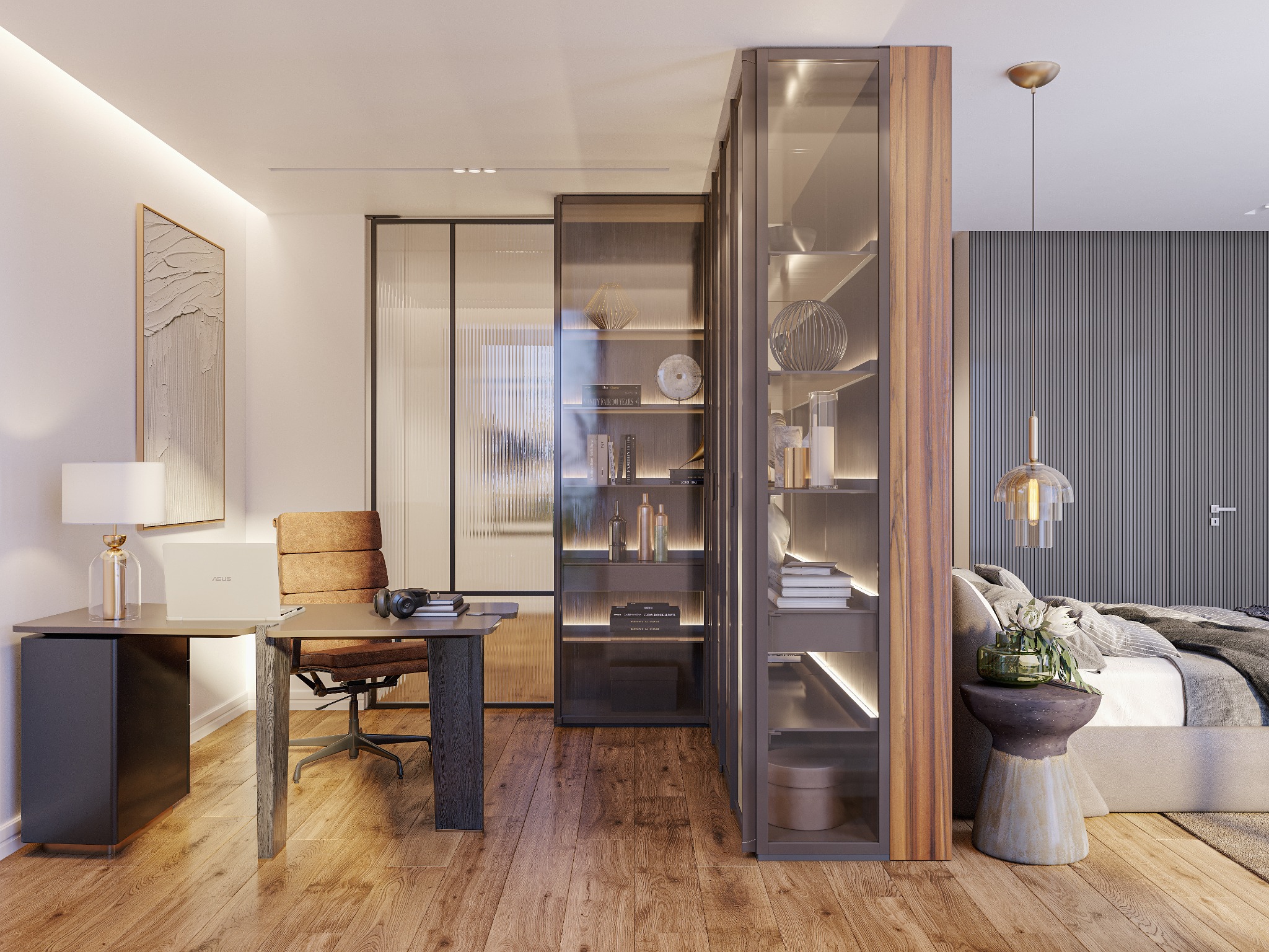 Wizualizacja wnętrza apartamentu: biurko z laptopem ASUS, skórzane krzesło obrotowe, regał z podświetleniem LED, sypialnia z łóżkiem i stolikiem nocnym, drewniana podłoga, dekoracyjny obraz...
