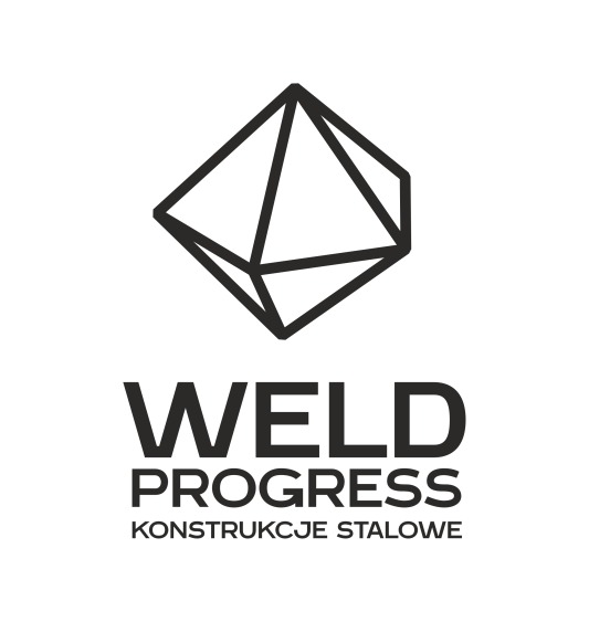 Logo firmy Weld Progress Konstrukcje Stalowe z abstrakcyjnym geometrycznym symbolem powyżej nazwy.