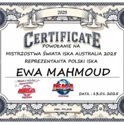 Certyfikat powołania Ewy Mahmoud na Mistrzostwa Świata ISKA Australia 2025 jako reprezentanta Polski ISKA, z datą 13.01.2025 i logo ISKA.