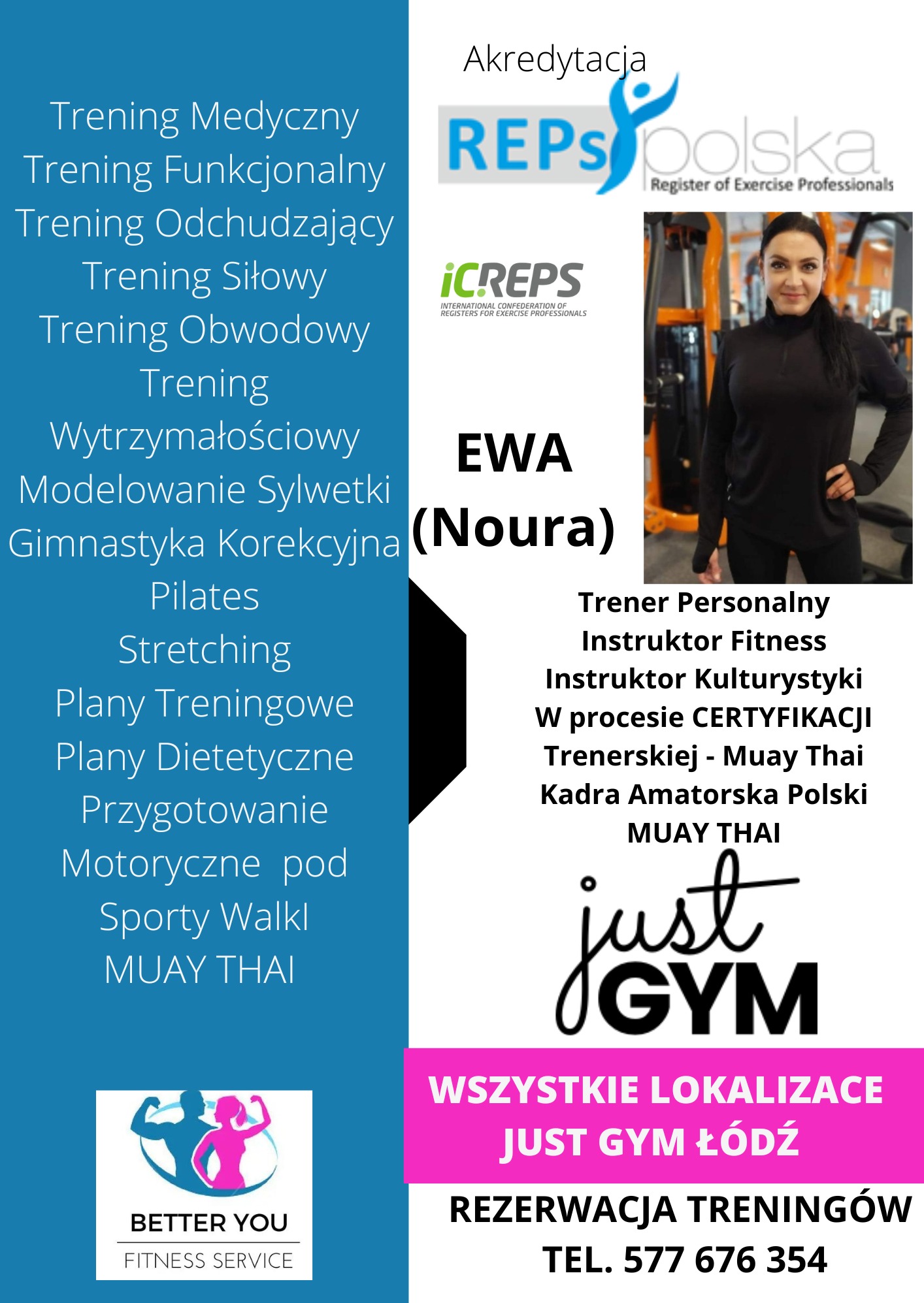 Ewa (Noura), certyfikowany trener personalny i instruktor fitness, prezentuje ofertę treningów siłowych, odchudzających i wytrzymałościowych w Just Gym Łódź.