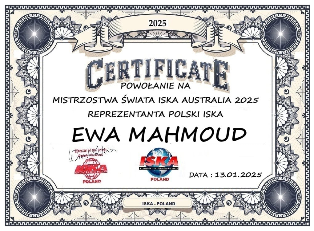 Certyfikat powołania Ewy Mahmoud na Mistrzostwa Świata ISKA Australia 2025 jako reprezentanta Polski ISKA, z datą 13.01.2025 i logo ISKA.