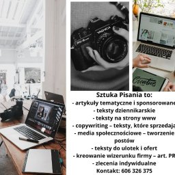 Iwona Tamiołło Sztuka Pisania - Biurko copywritera z laptopem, tabletem graficznym, aparatem fotograficznym Yashica oraz napisem 'Creative' na tablecie, sugerujące tworzenie treści wizualnych i tekstowych.