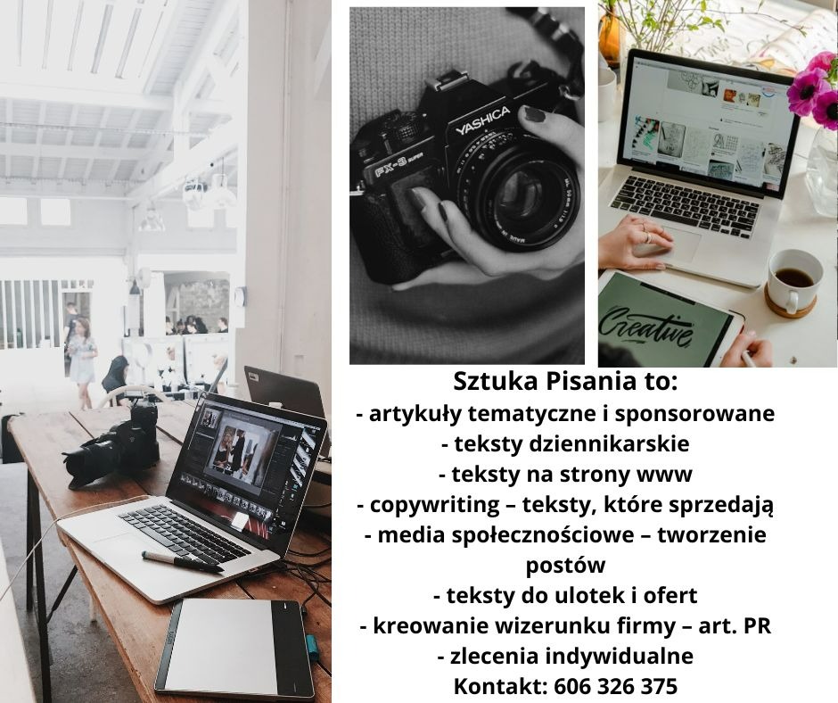 Biurko copywritera z laptopem, tabletem graficznym, aparatem fotograficznym Yashica oraz napisem 'Creative' na tablecie, sugerujące tworzenie treści wizualnych i tekstowych.