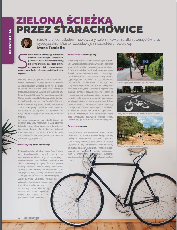 Rower miejski na tle artykułu o budowie ścieżek rowerowych w Starachowicach, z widocznymi fragmentami tekstu i zdjęć z realizacji.