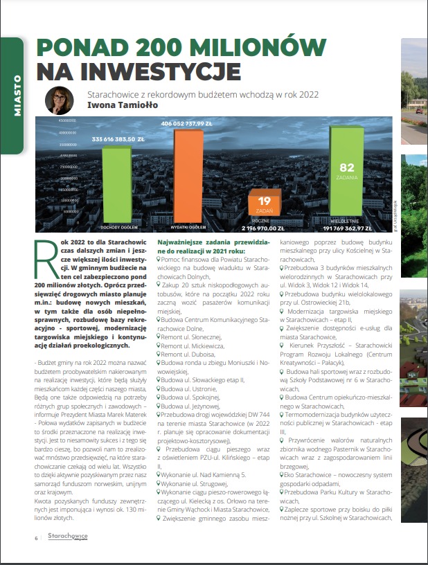 Infografika prezentująca budżet Starachowic na rok 2022, z wyszczególnieniem dochodów, wydatków i planowanych inwestycji w infrastrukturę miejską.