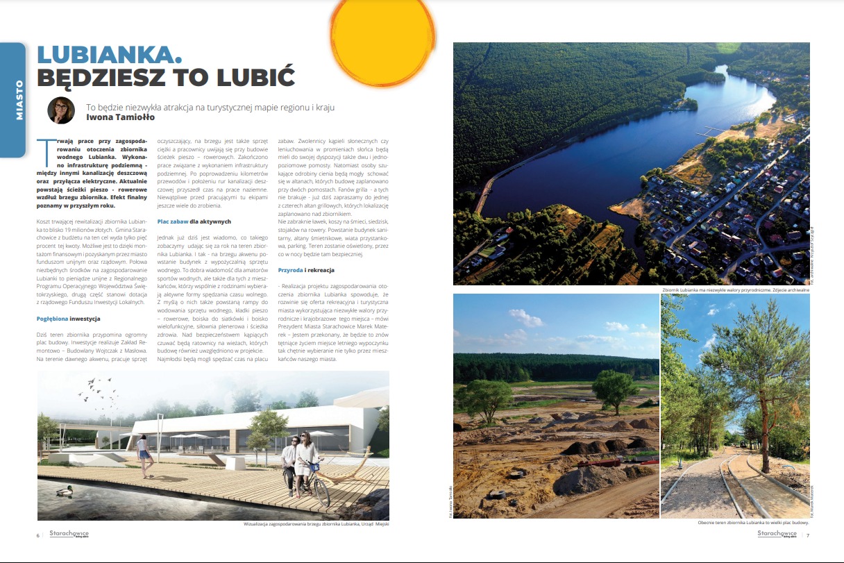 Artykuł prasowy o rewitalizacji zbiornika Lubianka, prezentujący wizualizacje i zdjęcia z placu budowy ścieżek pieszo-rowerowych, budynków rekreacyjnych i widok z lotu ptaka na zbiornik.