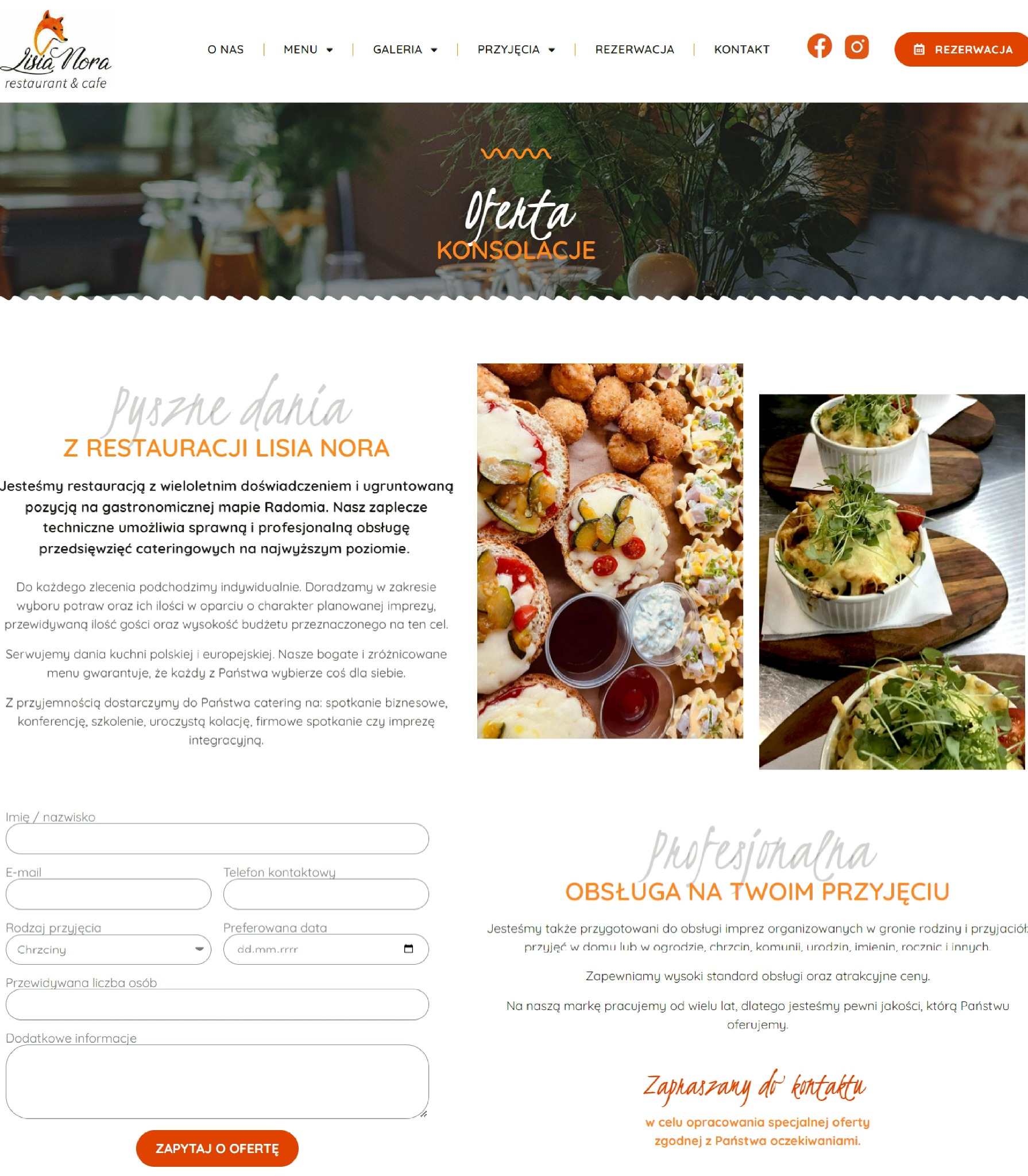 Strona internetowa restauracji Lisia Nora z ofertą konsolacji, prezentująca zdjęcia apetycznych dań cateringowych, takich jak mini tartaletki z warzywami i sosami oraz zapiekanki z makaronem...