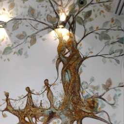 Marta Karpisz - tynkowanie dekoracyjne - Malowidło ścienne przedstawiające drzewo z postaciami, oświetlone punktowymi lampami, z widocznymi detalami faktury i subtelnymi odcieniami zieleni i złota.