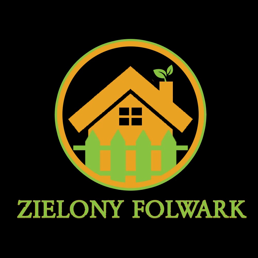 Logo firmy 'Zielony Folwark' z motywem domu z kominem, zielonego płotu i okręgu.