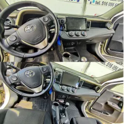 Wnętrze samochodu Toyota RAV4 przed i po czyszczeniu, widoczne różnice w czystości dywaników, kokpitu i kierownicy, z uwzględnieniem detali takich jak logo Toyota i wyświetlacz centralny.