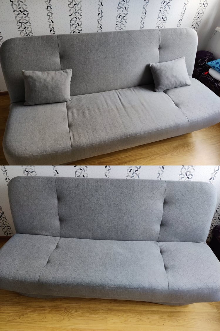 Porównanie kanapy tapicerowanej przed i po czyszczeniu, widoczna różnica w odcieniu szarości i usuniętych plamach na górnym ujęciu.