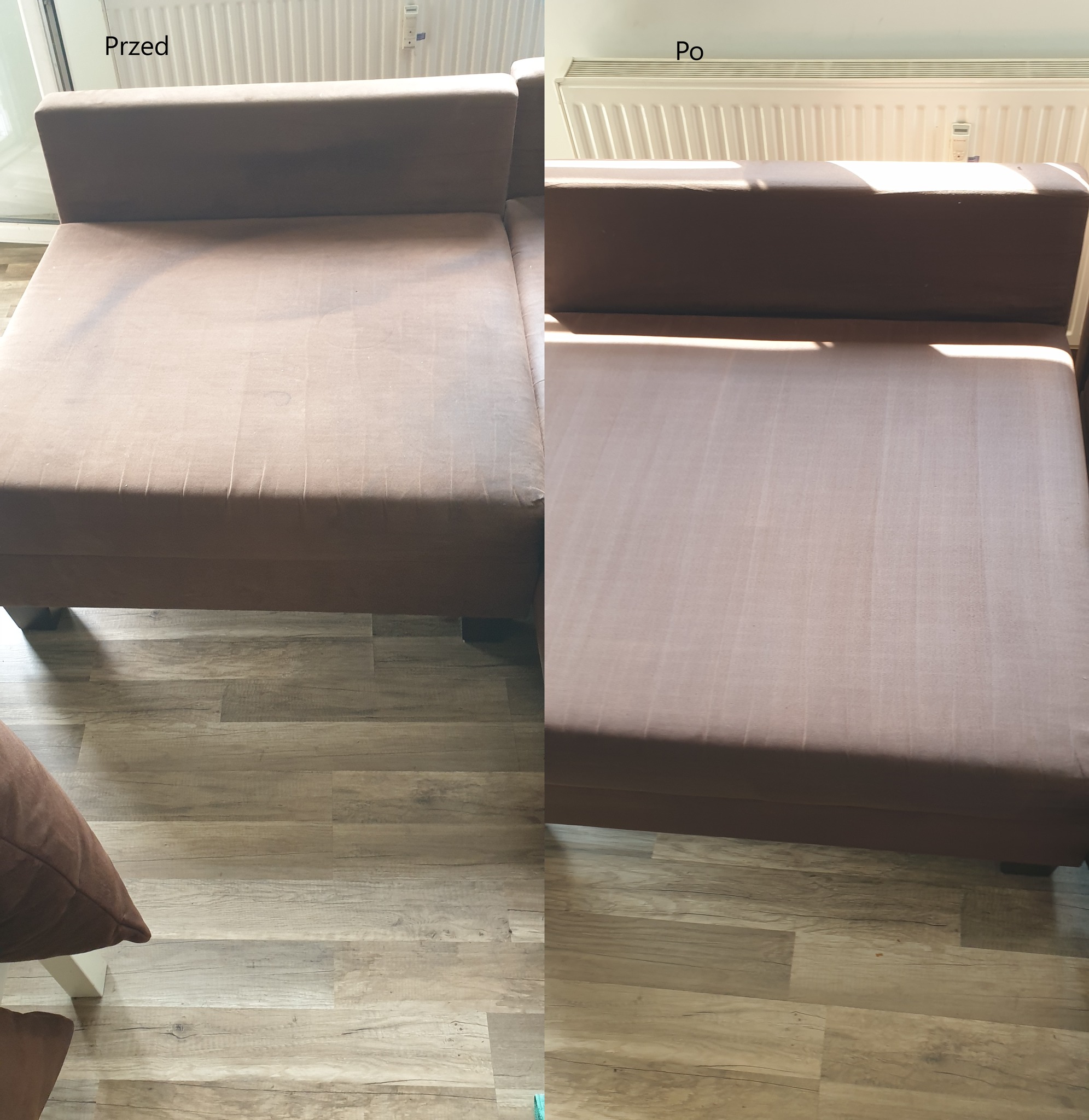 Porównanie stanu kanapy przed i po czyszczeniu, widoczne wyraźne różnice w odcieniu i czystości tapicerki.