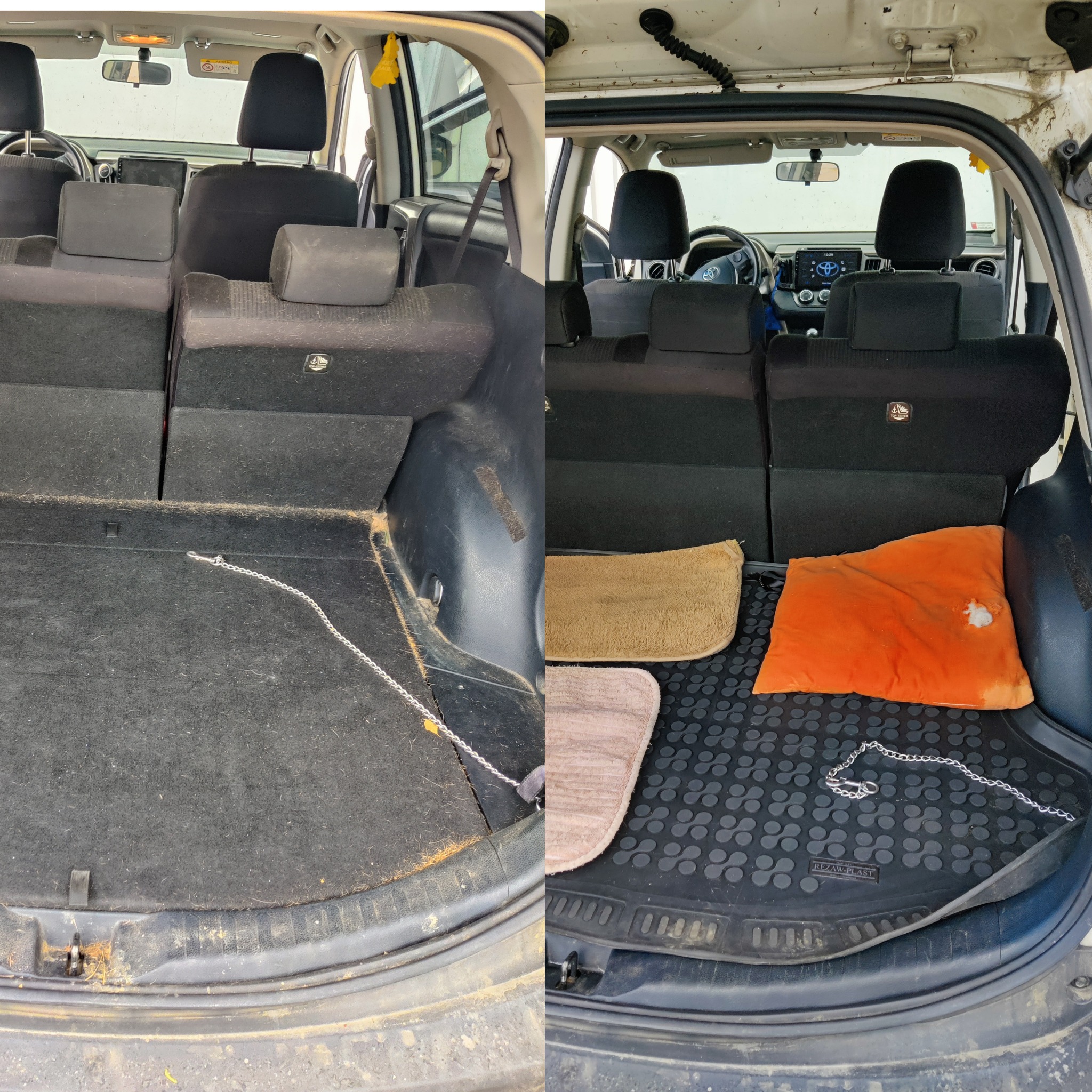 Porównanie bagażnika samochodu przed i po czyszczeniu: po lewej stronie widoczny brudny, zakurzony bagażnik z łańcuchem, po prawej - czysty bagażnik z gumową matą, poduszką i ręcznikami.