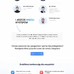 Strona internetowa konferencji online z hasłem 'Nadzwyczajna Online konferencja', prezentująca prelegentów i korzyści z uczestnictwa, z dynamicznym wizerunkiem osoby w okularach i czerwonej bluzie.