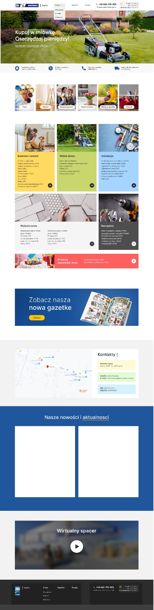 Strona internetowa sklepu z artykułami budowlanymi i ogrodniczymi, prezentująca ofertę produktową i lokalizację.