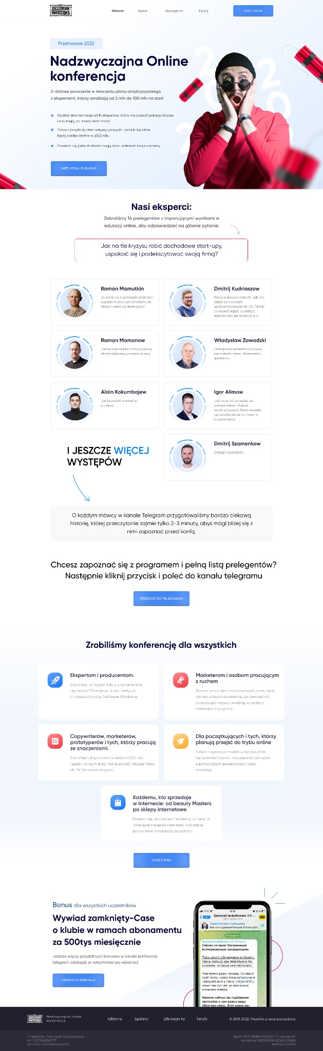 Strona internetowa konferencji online z hasłem 'Nadzwyczajna Online konferencja', prezentująca prelegentów i korzyści z uczestnictwa, z dynamicznym wizerunkiem osoby w okularach i czerwonej bluzie.