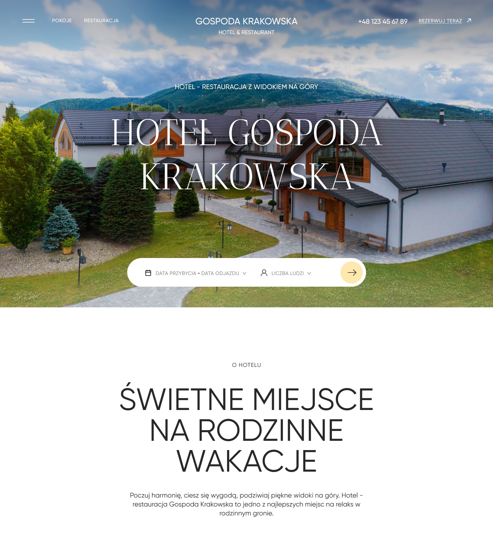 Zdjęcie hotelu z widokiem na góry, z zaznaczonym panelem rezerwacji daty przyjazdu i liczby osób.