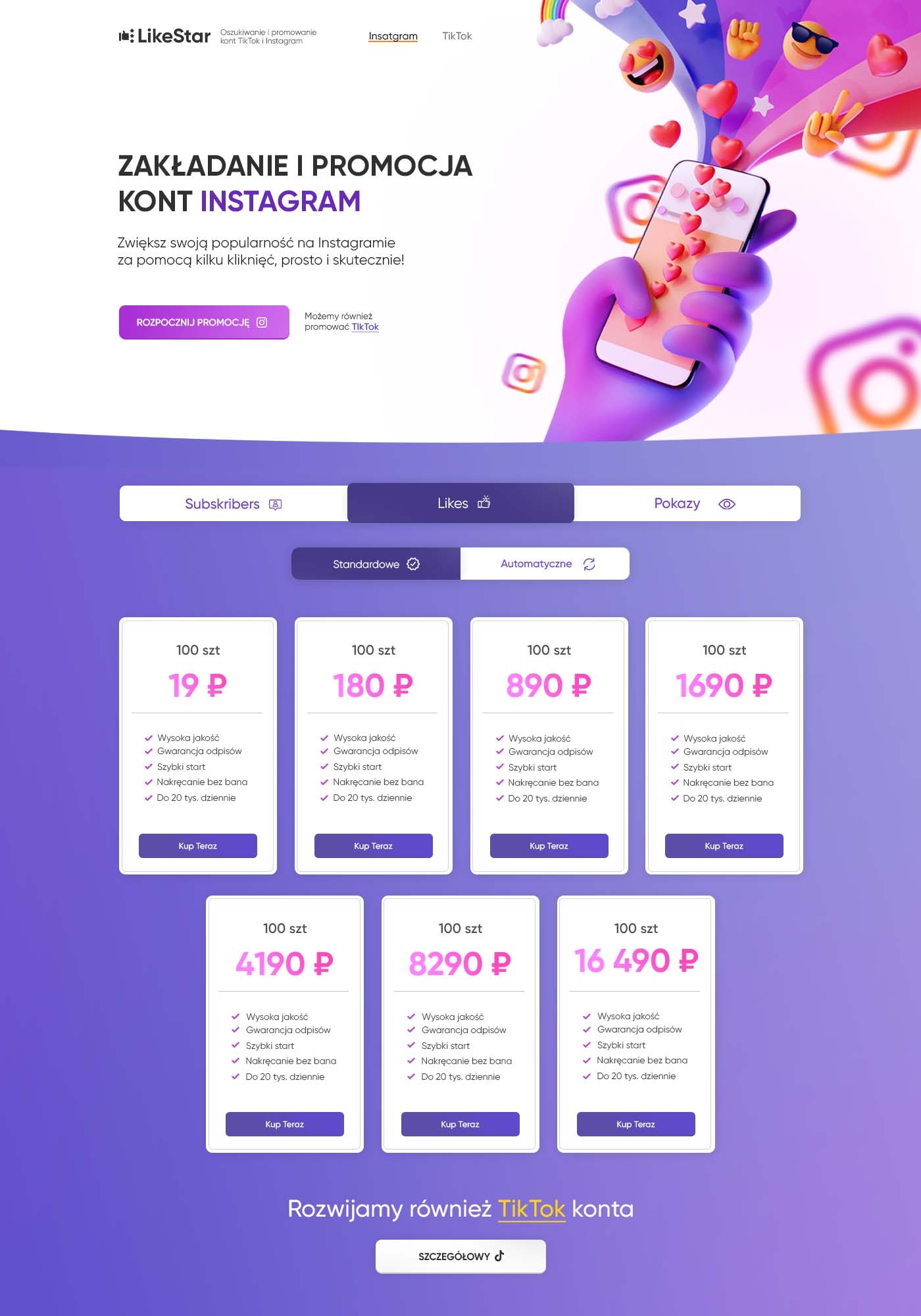 Grafika reklamowa usługi zakładania i promocji kont Instagram, przedstawiająca dłoń trzymającą telefon z ikonami serc unoszącymi się w powietrzu, w tle logo Instagrama i Tiktoka, poniżej cennik...