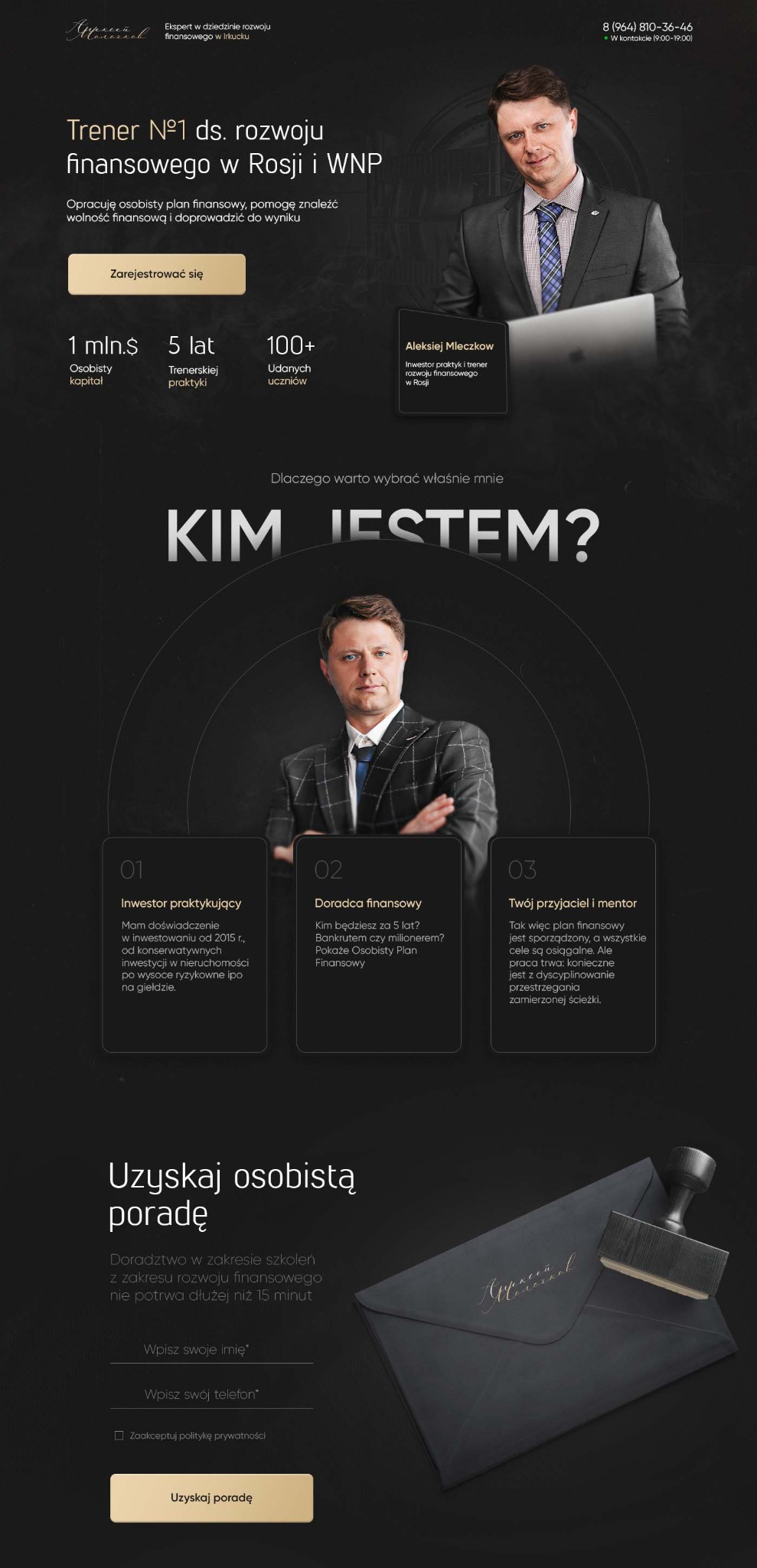 Projekt strony internetowej trenera finansowego z portretem mężczyzny w garniturze, informacjami o jego doświadczeniu i formularzem kontaktowym.