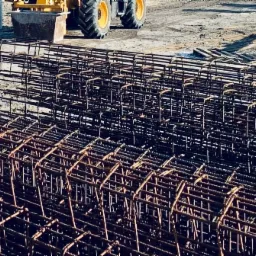 Siatka zbrojeniowa ułożona warstwami na placu budowy, w tle widoczna maszyna budowlana i materiały budowlane.