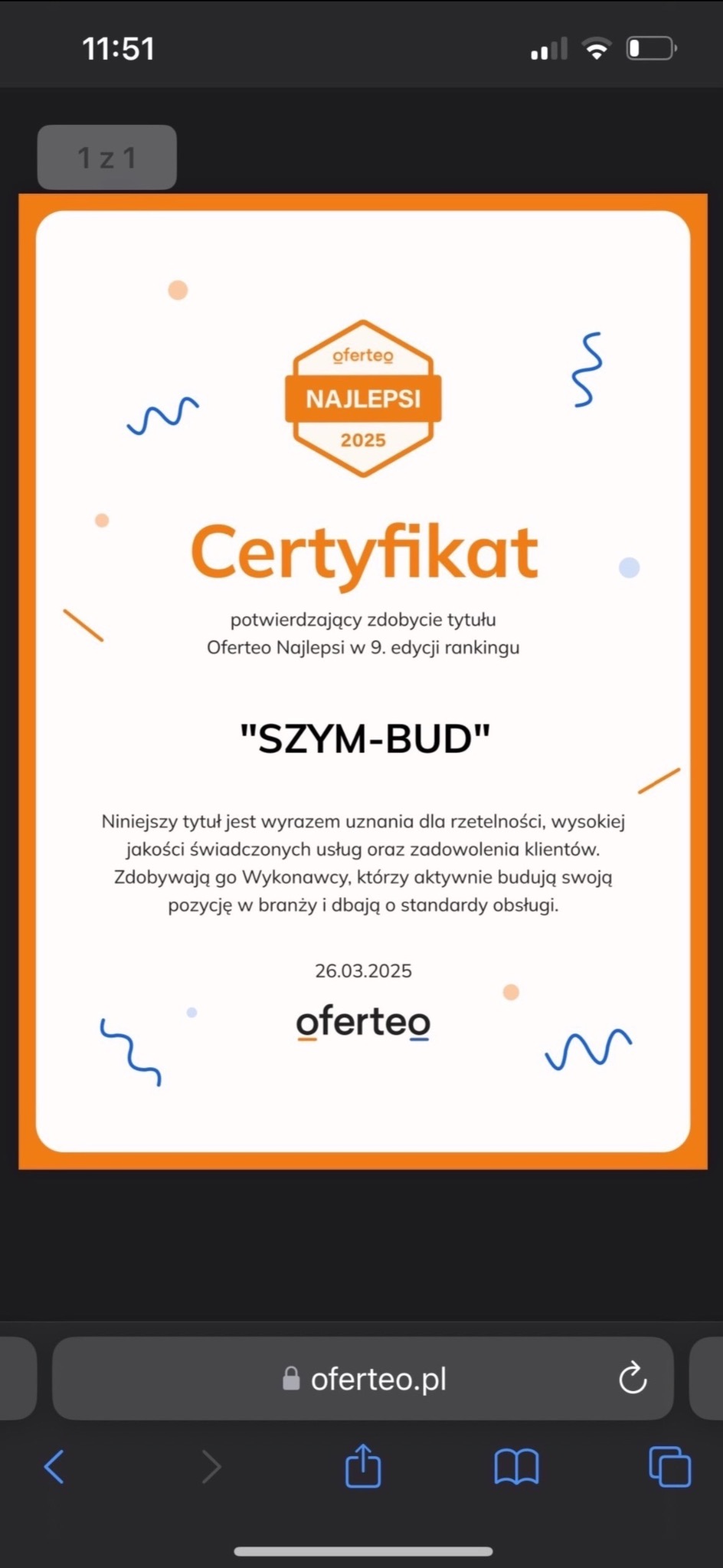 Certyfikat Oferteo Najlepsi 2025 dla firmy SZYM-BUD, potwierdzający wysoką jakość świadczonych usług i zadowolenie klientów, data wystawienia 26.03.2025.