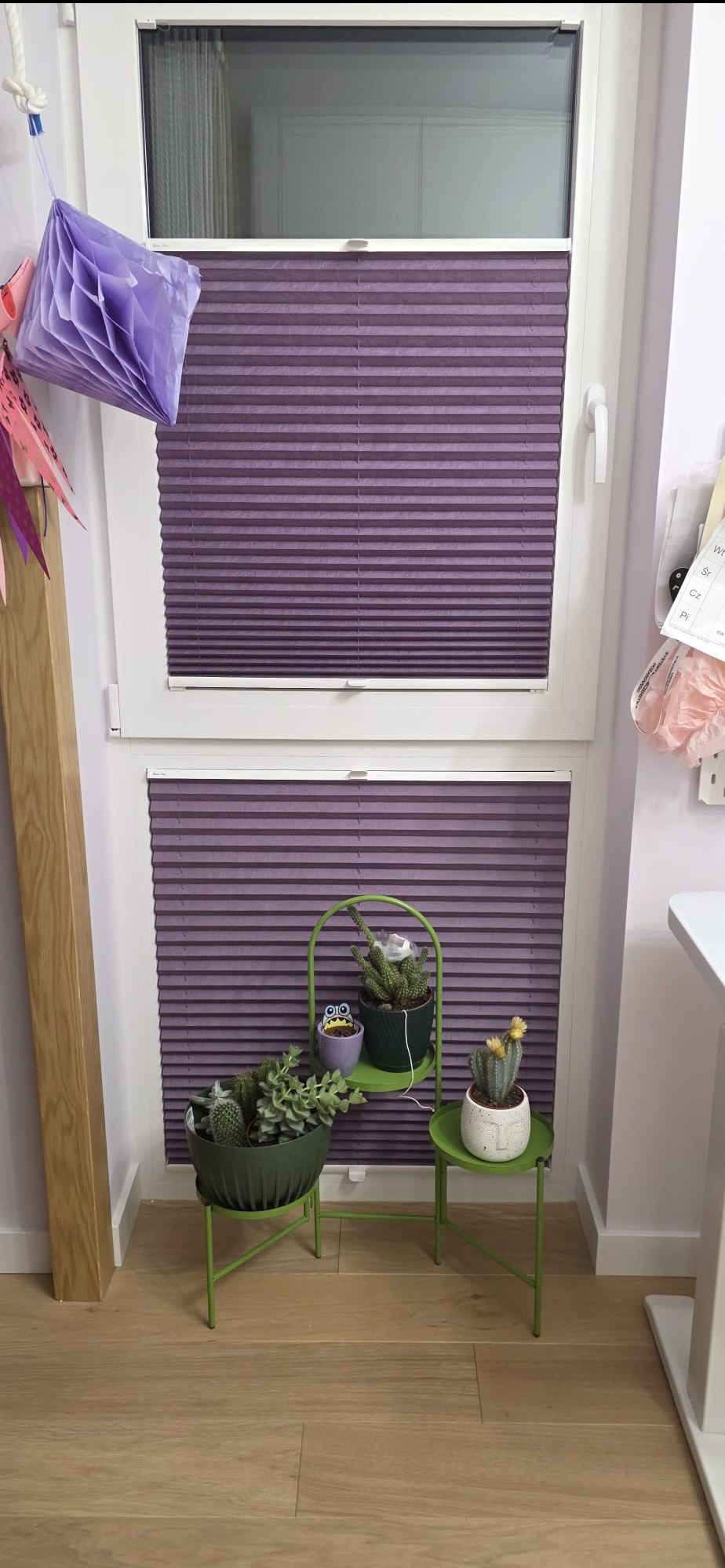 Fioletowe plisy okienne w dwóch częściach, z dekoracjami i zielonymi roślinami w doniczkach na tle jasnej podłogi. Widok na okno z bliska.