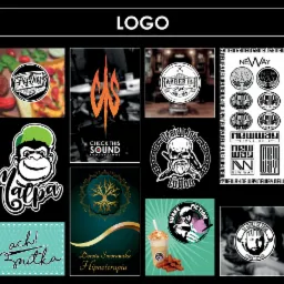 Kompozycja różnych logotypów i znaków firmowych, w tym logo pizzerii, studia nagrań, salonu fryzjerskiego i tatuażu, firmy odzieżowej, gabinetu hipnoterapii oraz napoju.