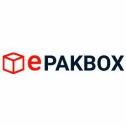 Logo firmy ePAKBOX z Paczkowa: czerwony kontur sześcianu po lewej stronie i nazwa firmy w kolorze czerwonym i granatowym po prawej, na białym tle.