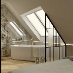 Jasna łazienka na poddaszu z wanną, marmurową ścianą, oknami dachowymi i czarną, geometryczną ścianką działową. Nowoczesny projekt z subtelnym oświetleniem LED.