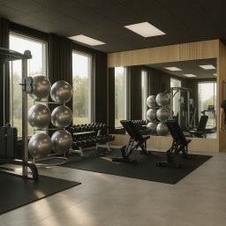 KB Interior Design Karol Budziszewski - Nowoczesna siłownia w minimalistycznym stylu z dużymi oknami, wyposażona w sprzęt do ćwiczeń siłowych i kardio. W tle widoczna osoba wchodząca do pomieszczenia.