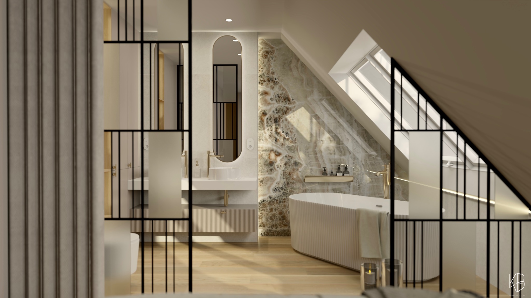 Nowoczesna łazienka na poddaszu z owalną wanną i umywalką, podświetlane lustro, marmurowe ściany i okno dachowe, oddzielona ażurową ścianką działową.