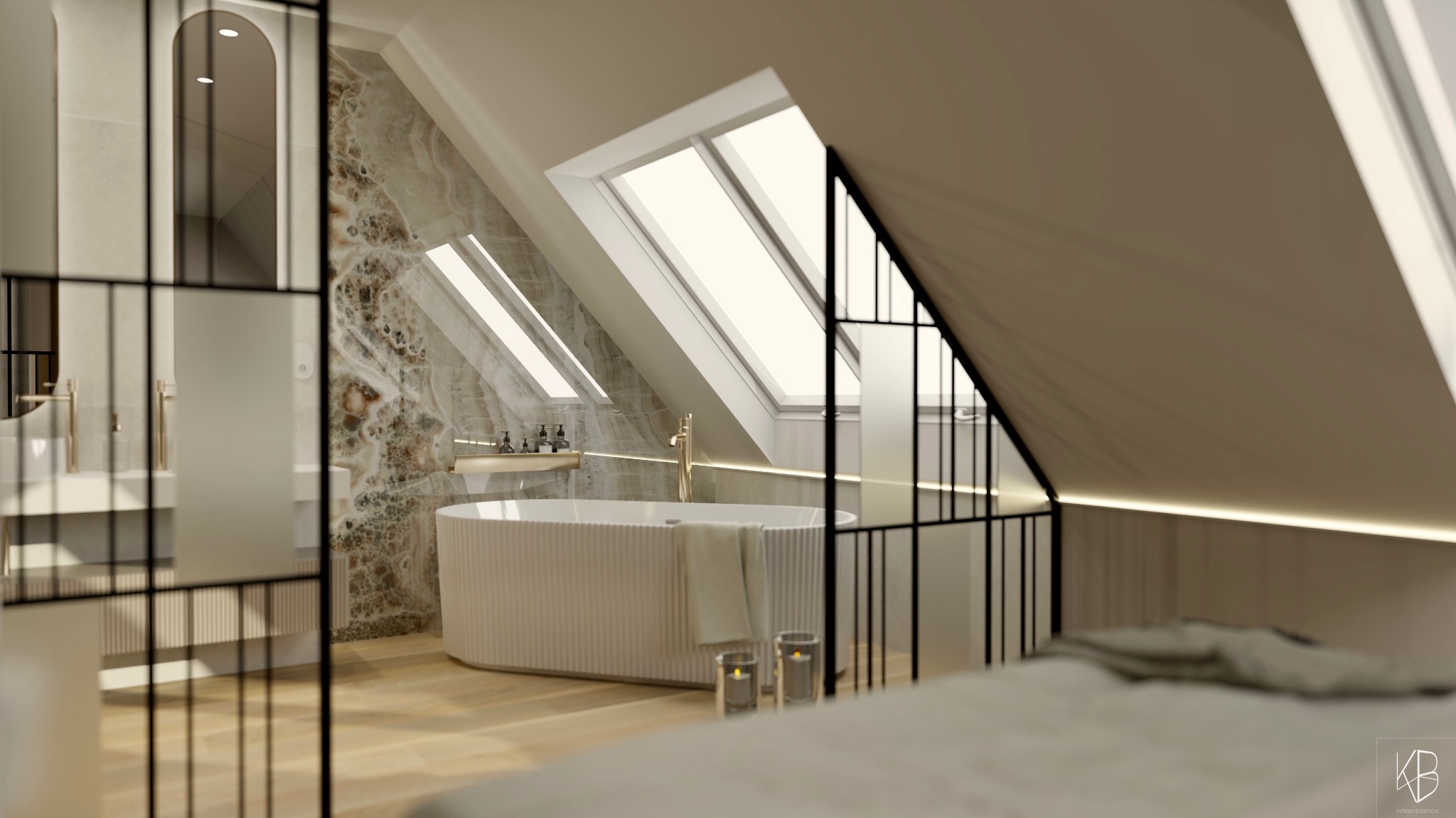 Jasna łazienka na poddaszu z wanną, marmurową ścianą, oknami dachowymi i czarną, geometryczną ścianką działową. Nowoczesny projekt z subtelnym oświetleniem LED.