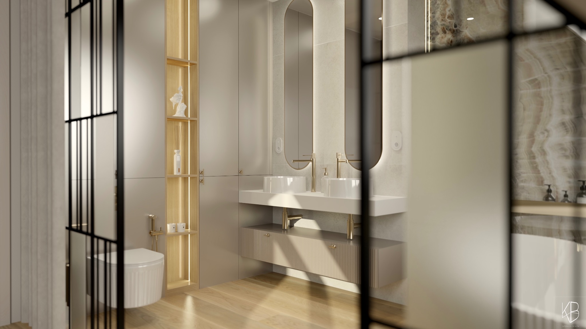 Elegancka łazienka z dwoma umywalkami, owalnymi lustrami z podświetleniem i złotymi akcentami. Widoczne szafki i drewniana podłoga. Całość w jasnej, stonowanej kolorystyce.