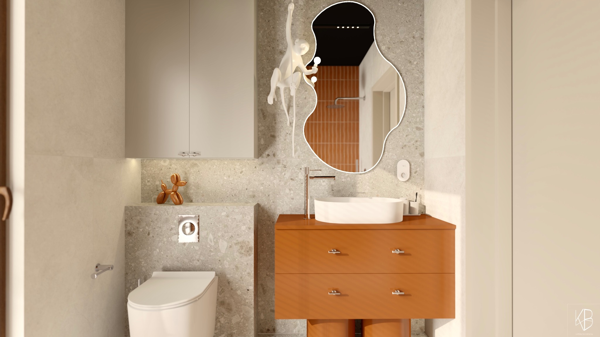 Nowoczesna łazienka z umywalką na szafce w odcieniach brązu, toaletą i szafką wiszącą. Lustro o nieregularnym kształcie z dekoracyjną lampą małpką.